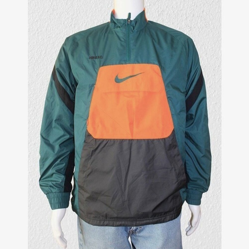 NIKE F.C. Anorak Pullover 1/4 Zip Woven Jacket in Black/Orange/Dark Teal (Large)